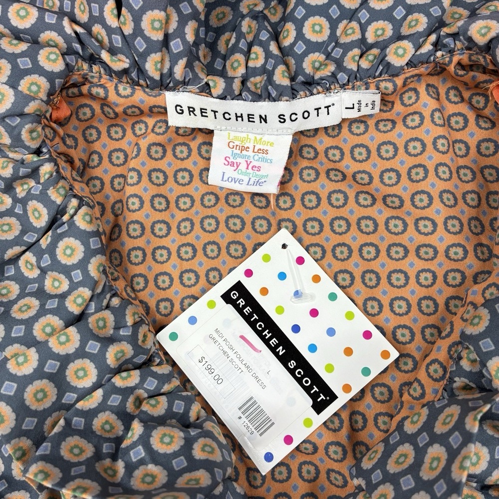 Gretchen Scott Tiered Maxi Dress Ruffle Collar Blue Orange Print Women's Large - Picture 10 of 16
